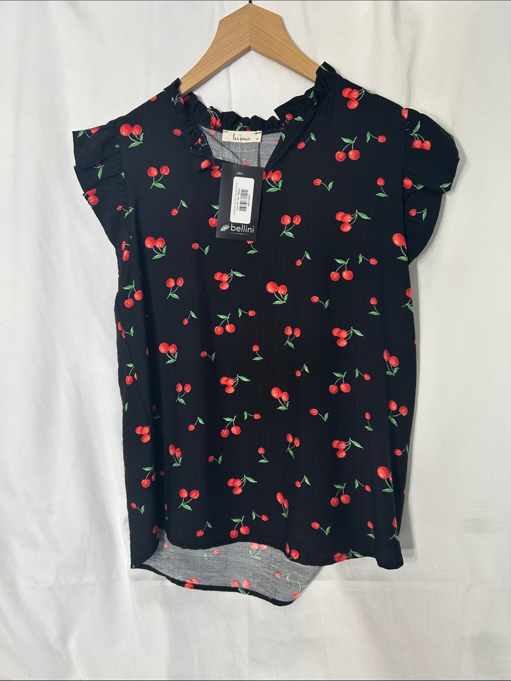 Bellini Black Cherry-Print Ruffle Cap Sleeve Blouse